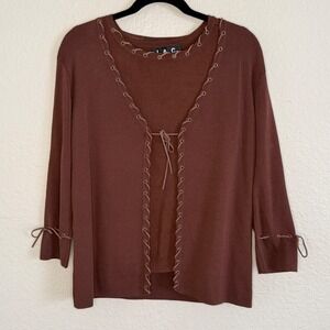 Vintage Y2K Womens XL Brown Knit Boho Twin Set Tie Front Indie Festival Parisian